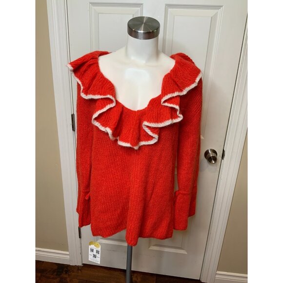 Andersson Bell Red Fabiana Ruffle Deep V-Neck Knit Sweater, Size M - Picture 2 of 9